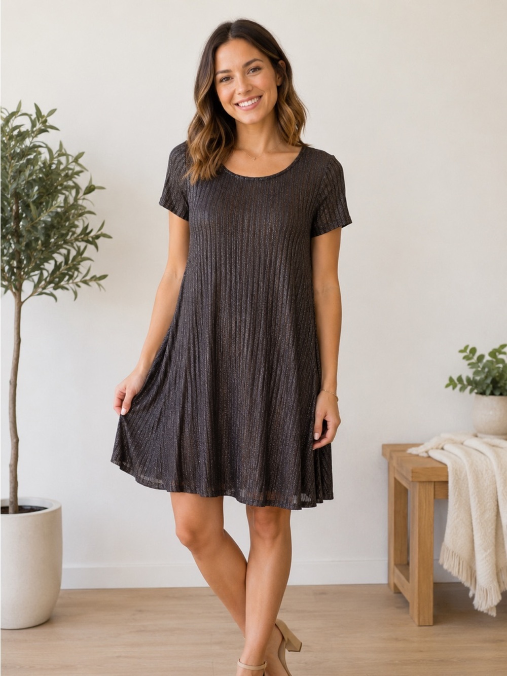 She + Sky Black and Gray Striped Mini Dress